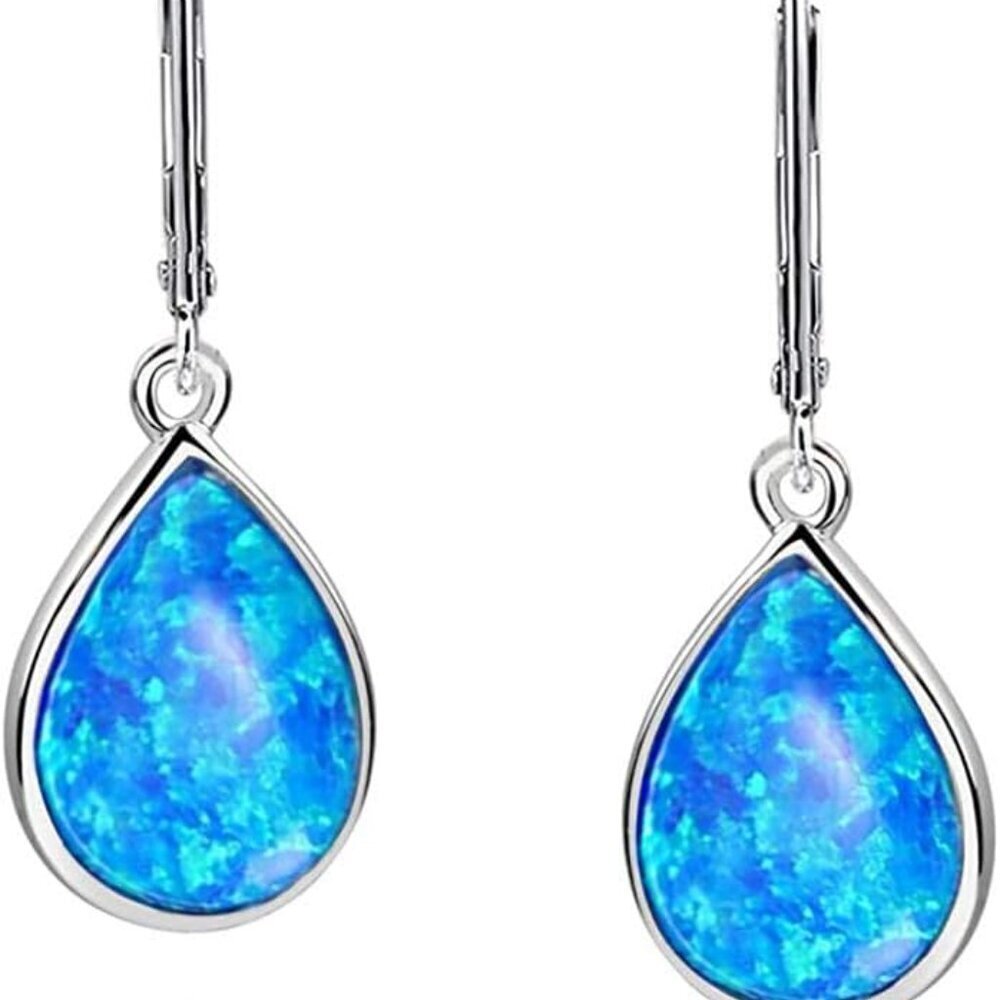 Dangle Earrings for Women Opal: 925 Sterling Silver Teardrop Leverback Earrings